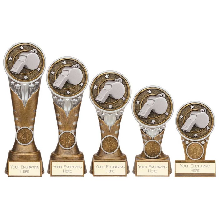 IKON TOWER FOOTBALL REFEREE WHISTLE TROPHY - 5 SIZES - 12.5CM TO 22.5CM